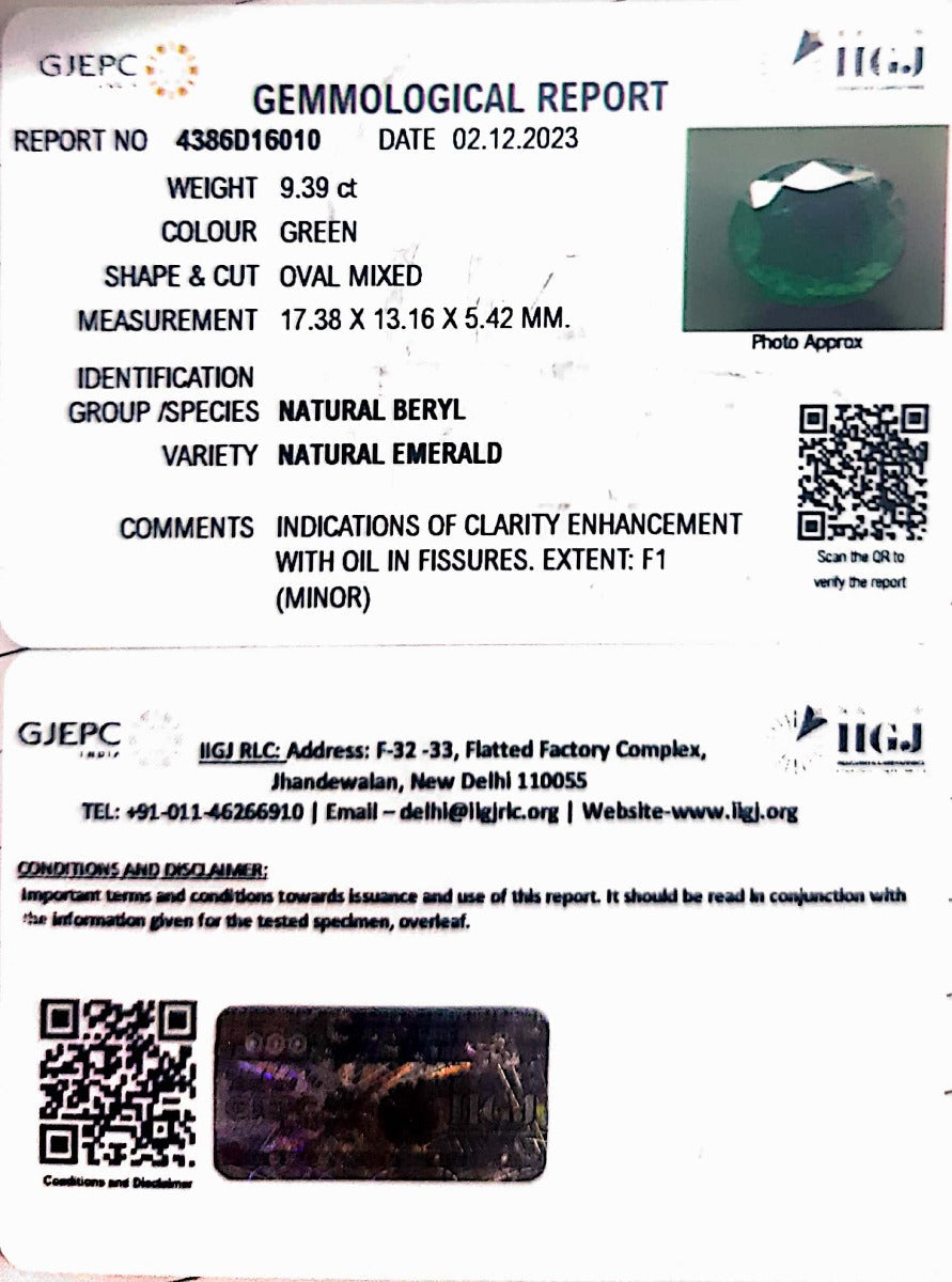 9.39/CT Natural Panna Stone with Govt. Lab Certificate (12210)