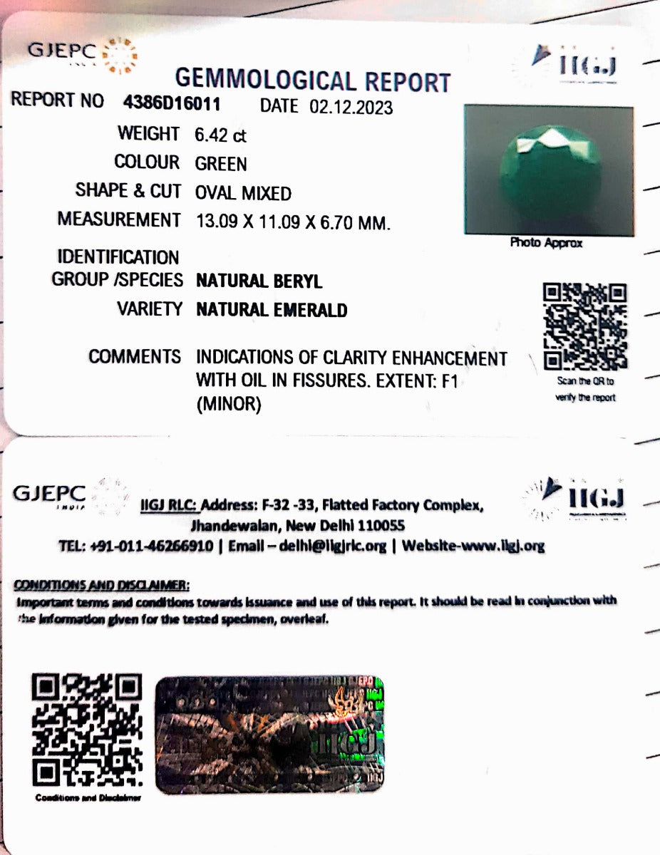 6.42/CT Natural Panna Stone with Govt. Lab Certificate (3441)