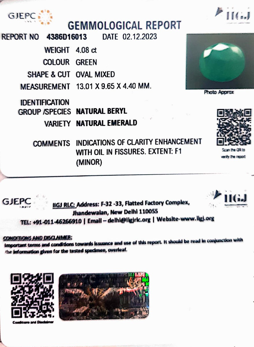4.08/CT Natural Panna Stone with Govt. Lab Certificate (4386D16013)