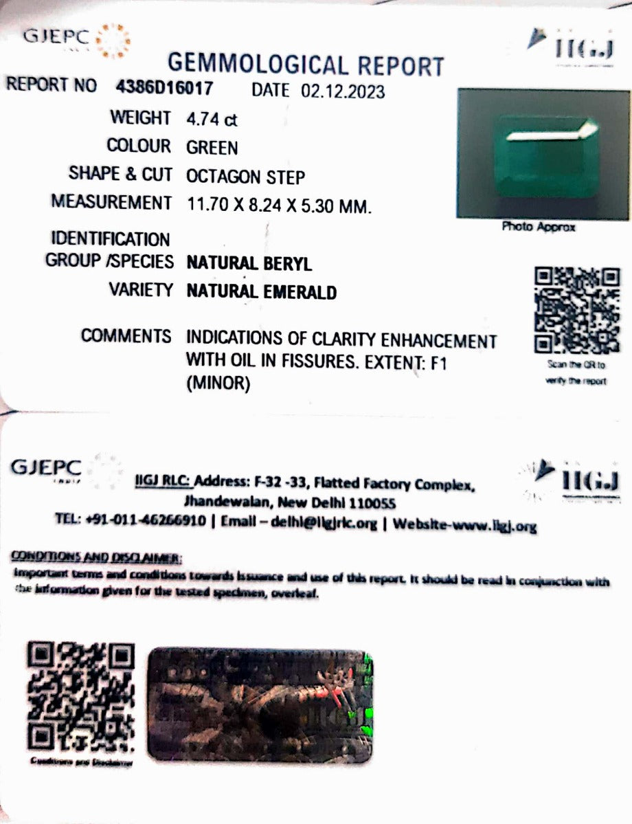 4.74/CT Natural Panna Stone with Govt. Lab Certificate