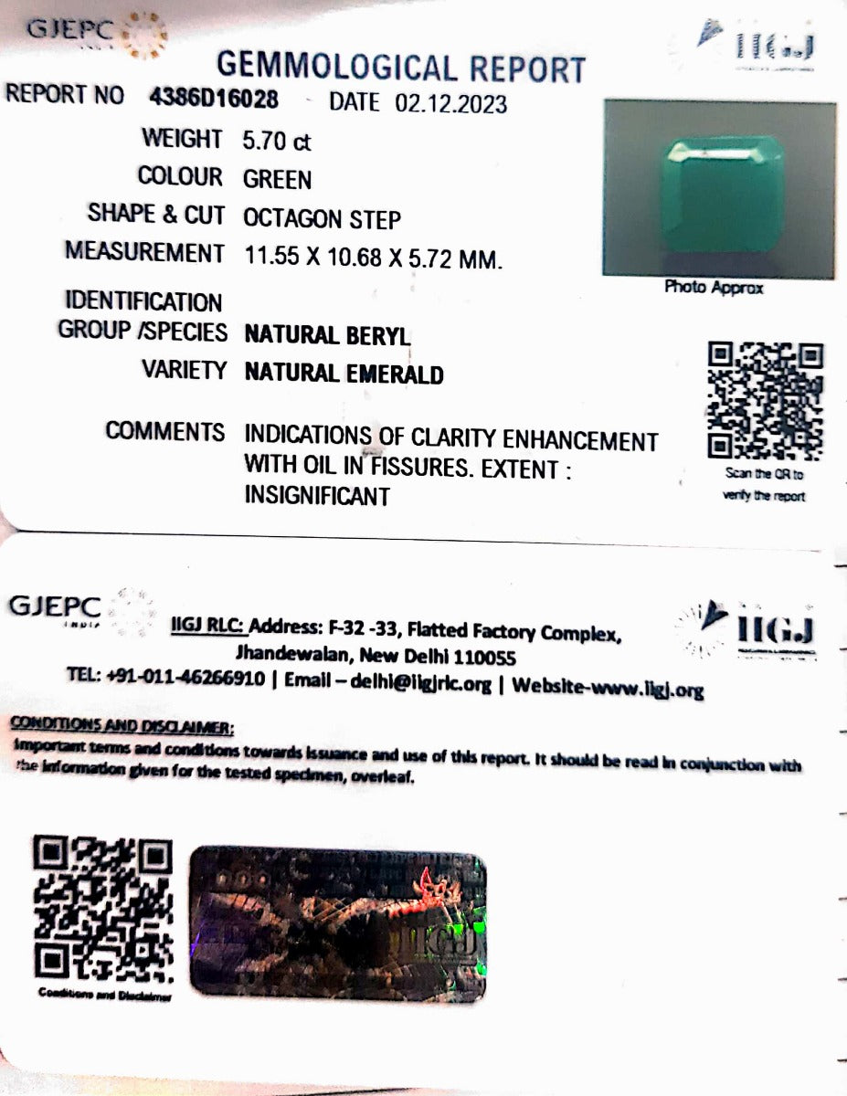 5.70/CT Natural Panna Stone with Govt. Lab Certificate (8991)