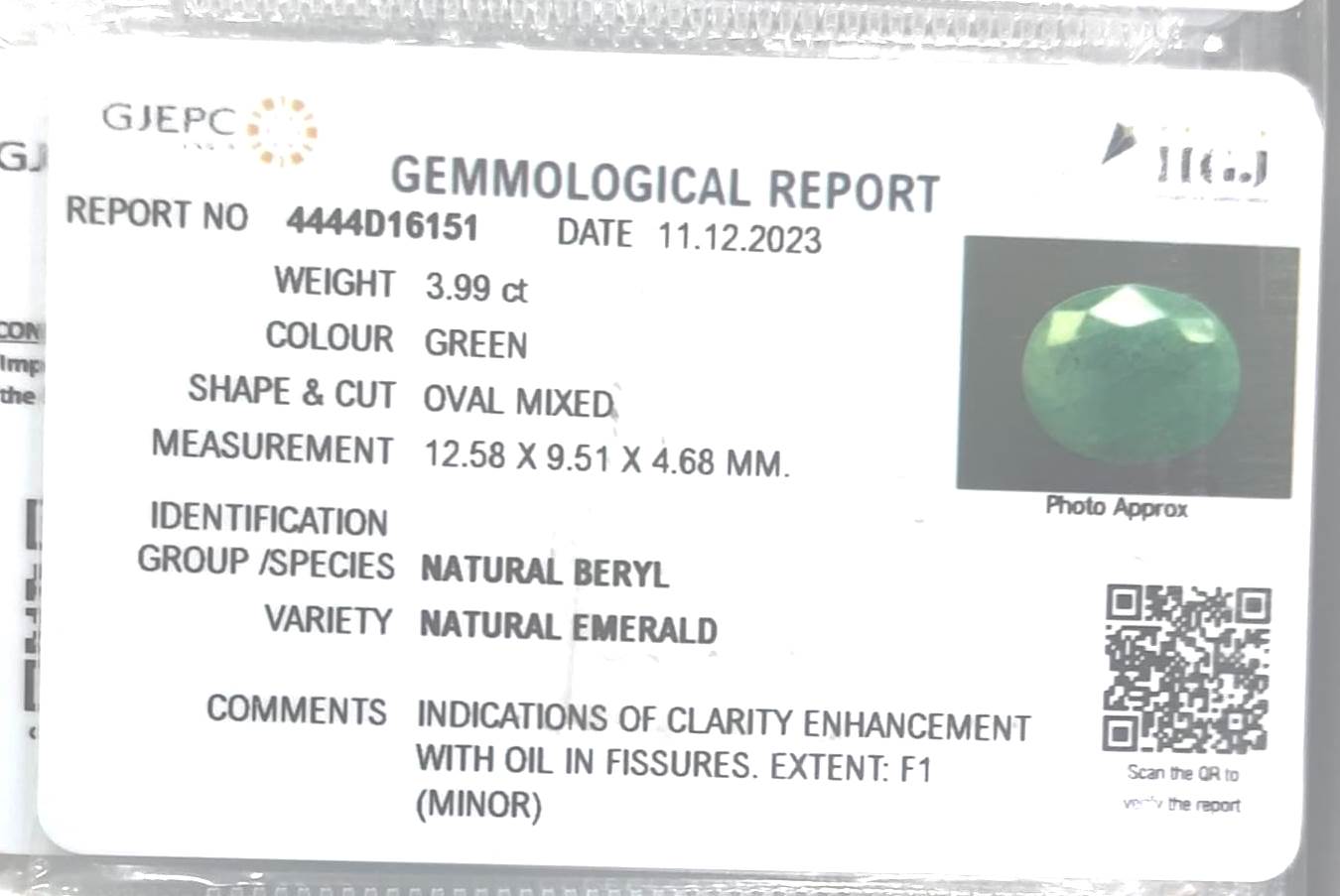 3.99/CT Natural Panna Stone with Govt. Lab Certificate (4444D16151)