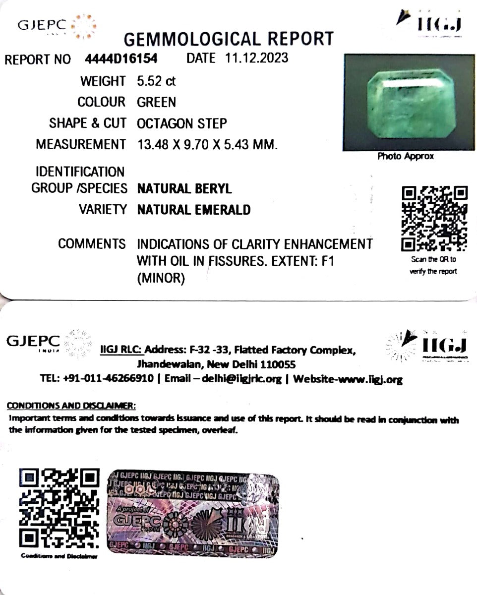 5.52/CT Natural Panna Stone with Govt. Lab Certificate (3441)