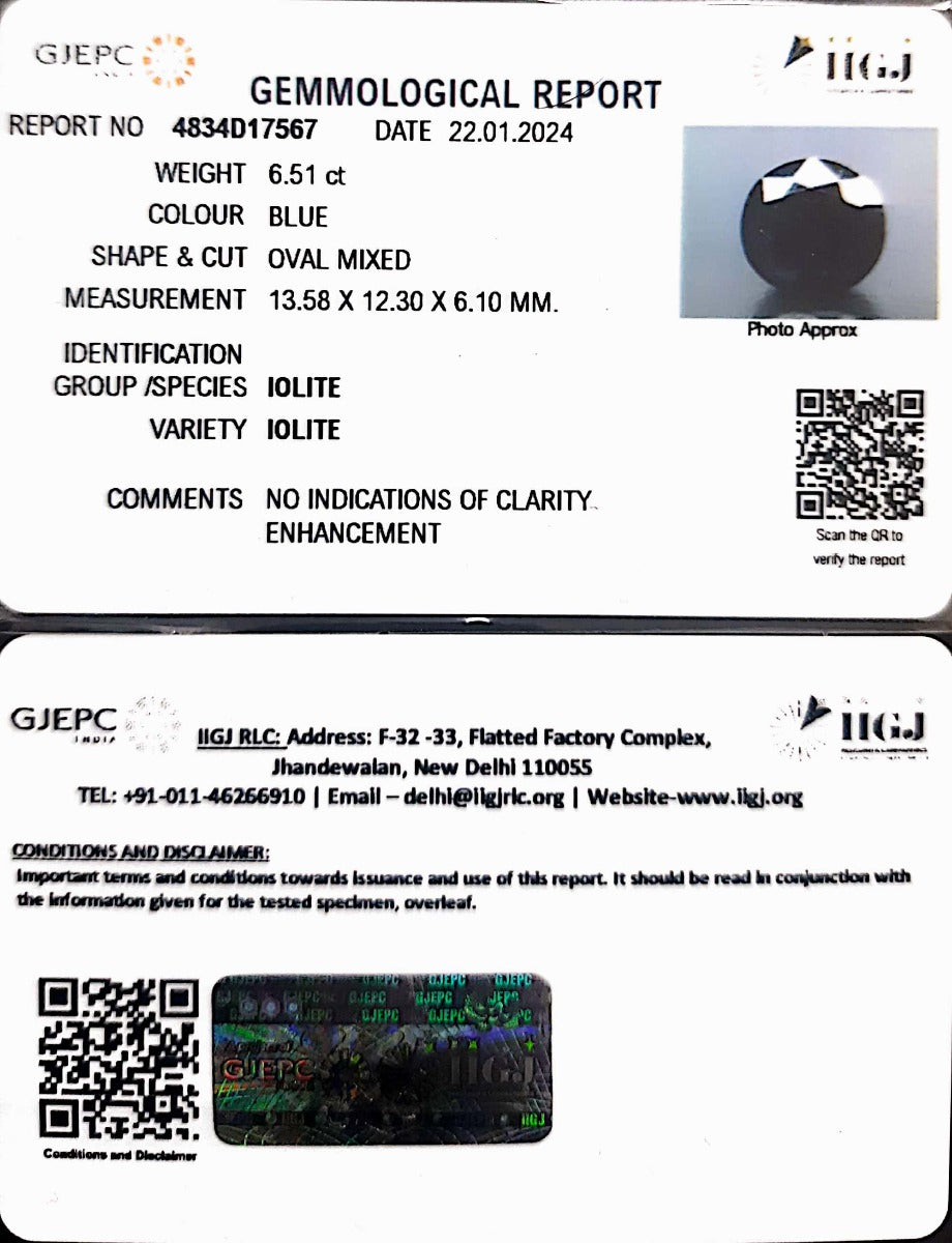 6.51/CT Natural Iolite with Govt Lab Certificate (1221)