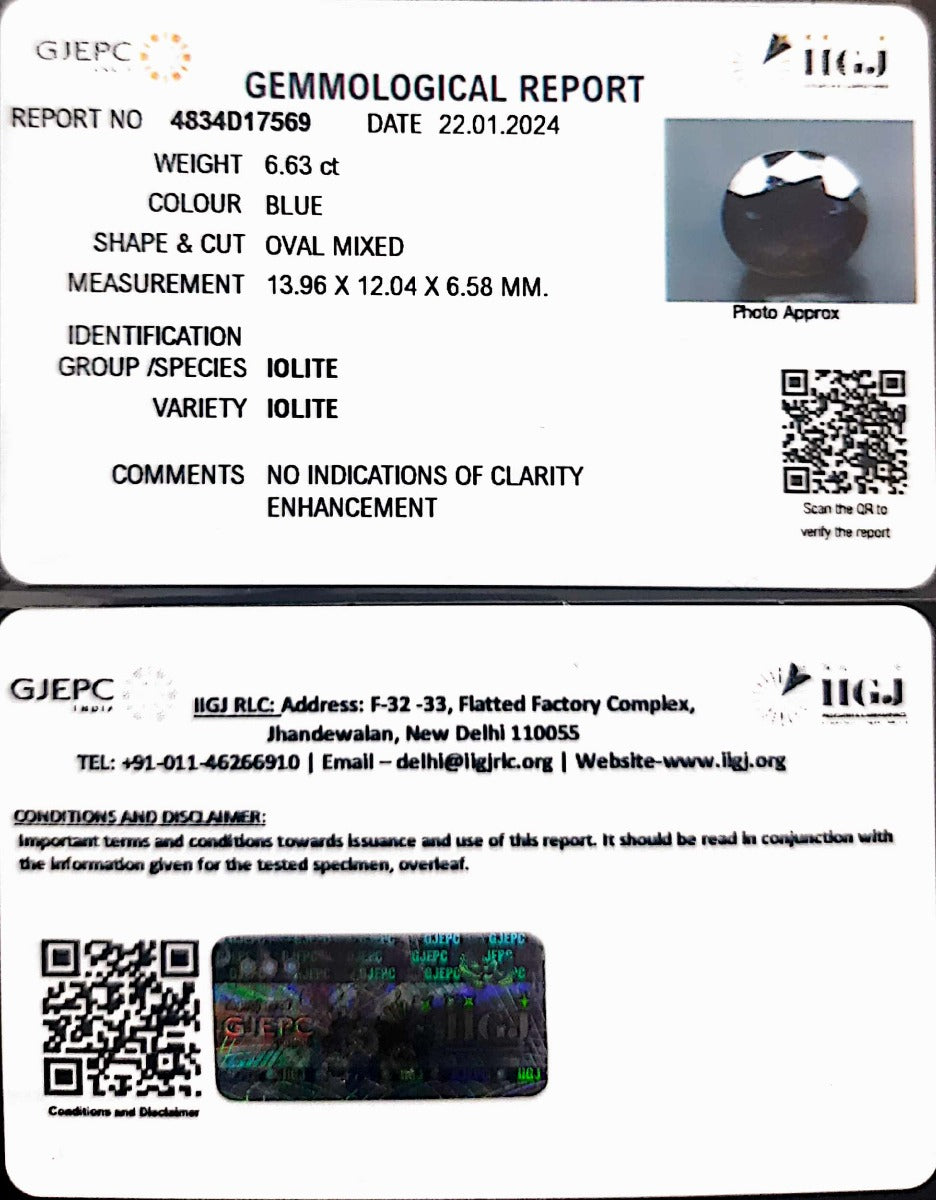 6.63/CT Natural Iolite with Govt Lab Certificate (1221)