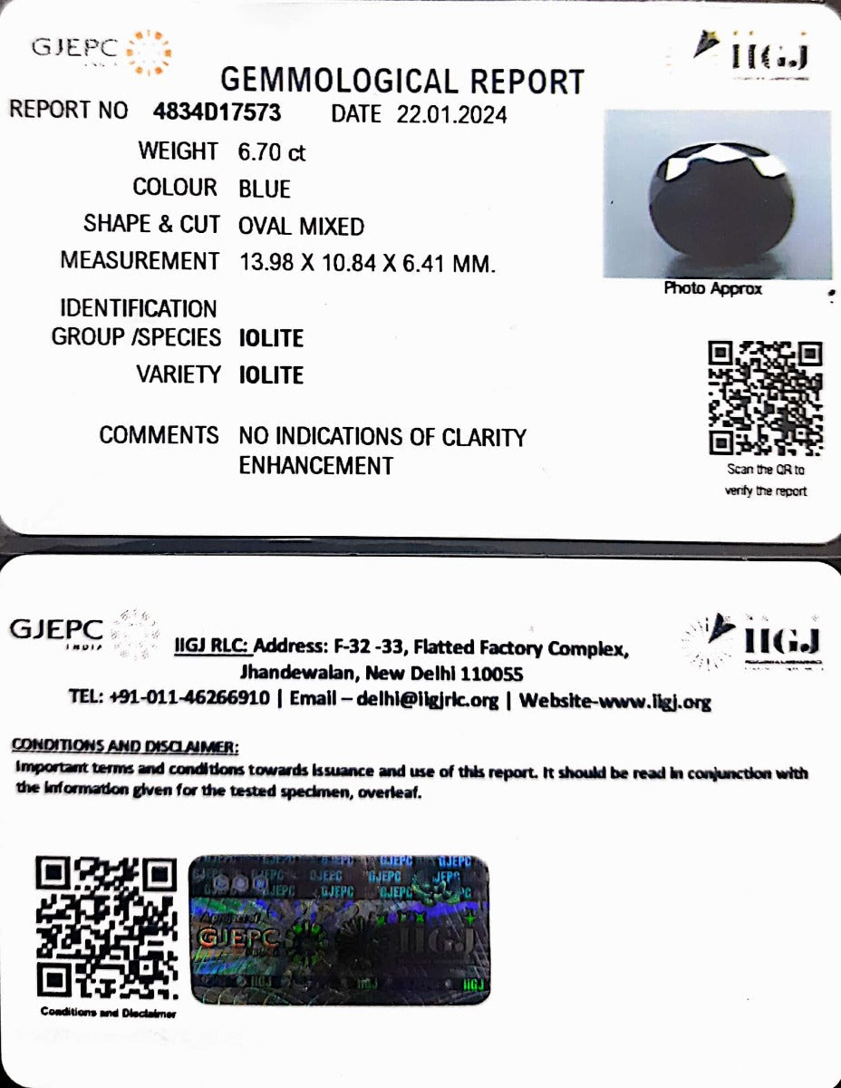 6.70/CT Natural Iolite with Govt Lab Certificate (1221)