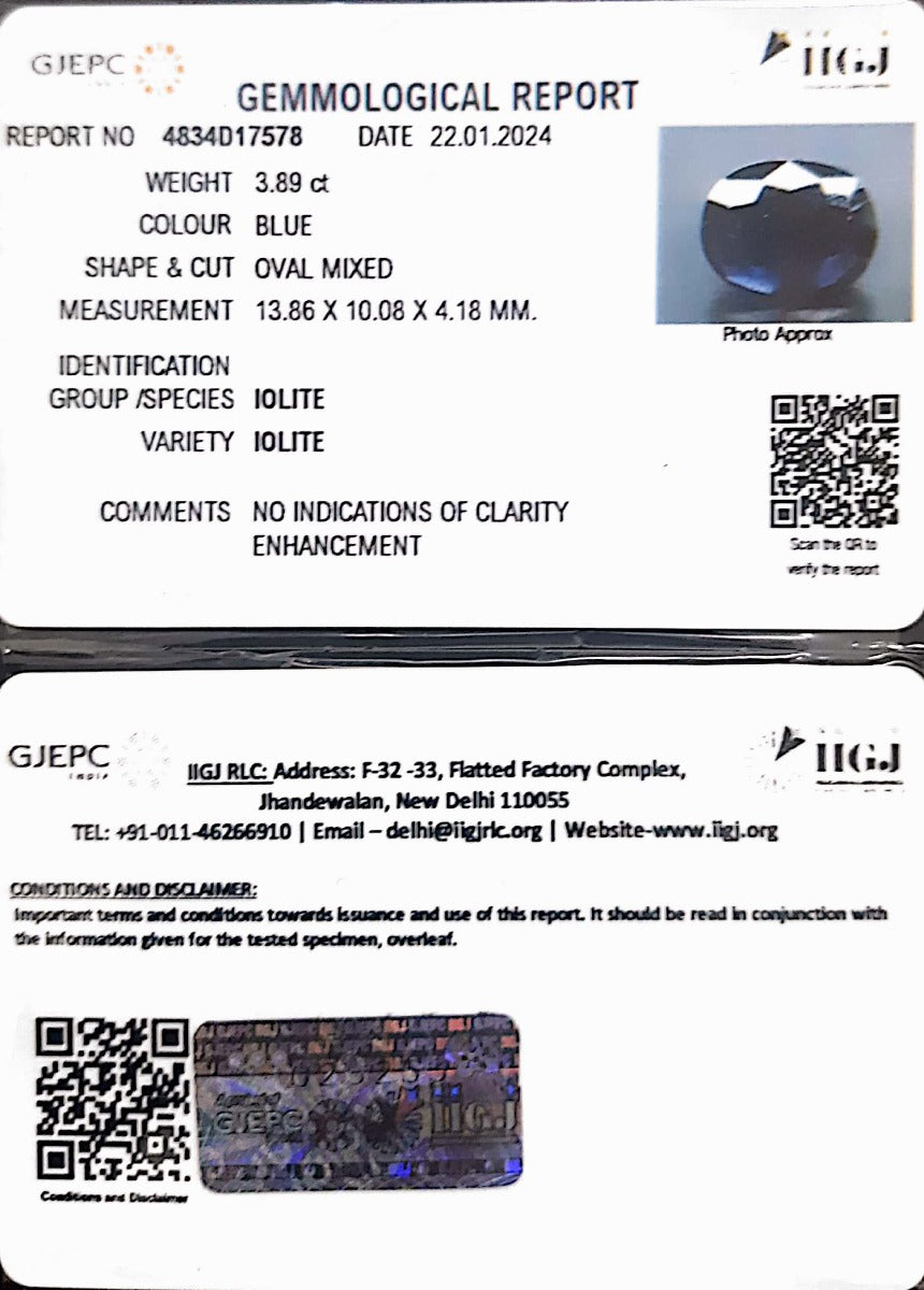 3.89/CT Natural Iolite with Govt Lab Certificate (1221)