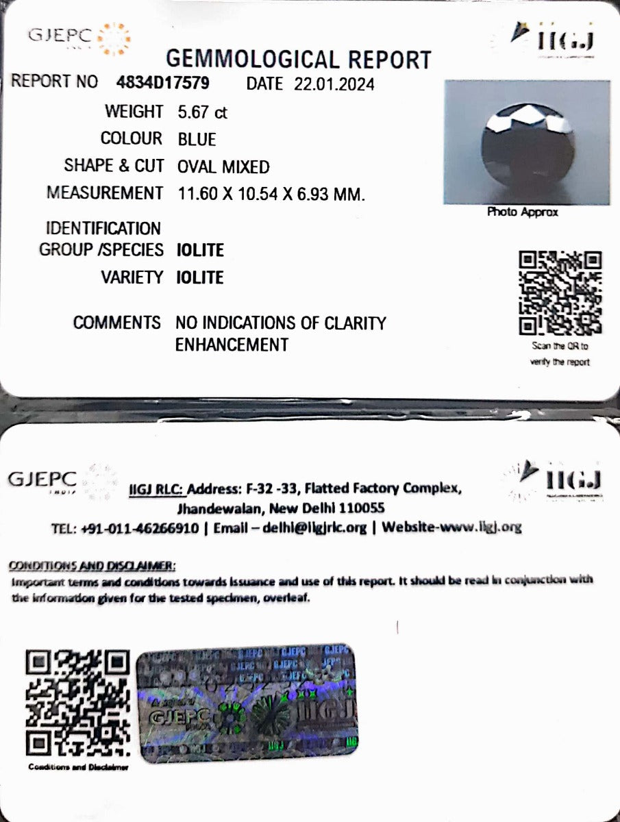 5.67/CT Natural Iolite with Govt Lab Certificate (1221)