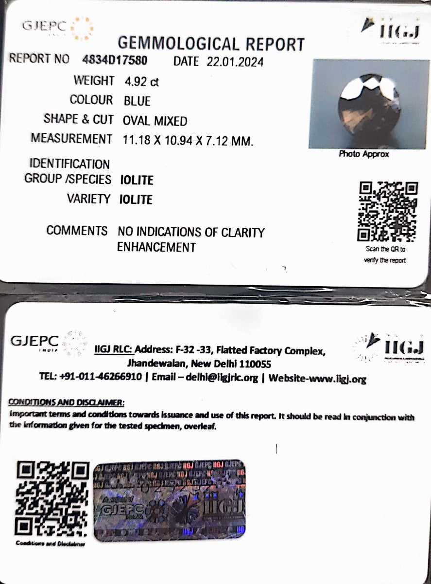 4.92/CT Natural Iolite with Govt Lab Certificate
