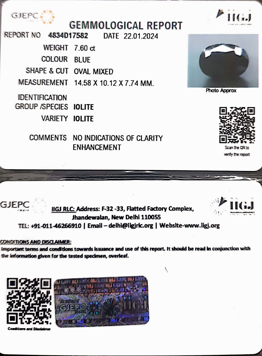 7.60/CT Natural Iolite with Govt Lab Certificate (1221)