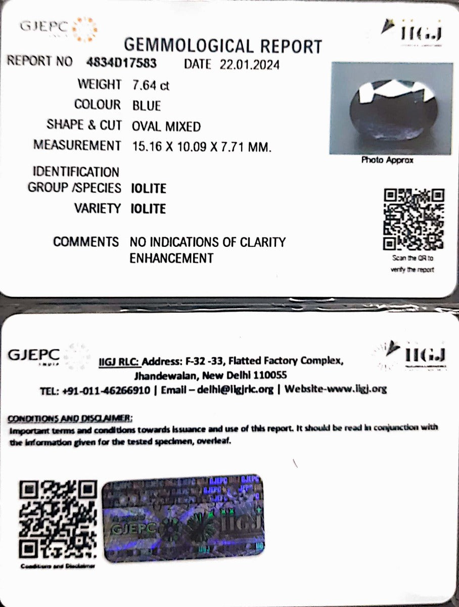 7.64/CT Natural Iolite with Govt Lab Certificate (1221)