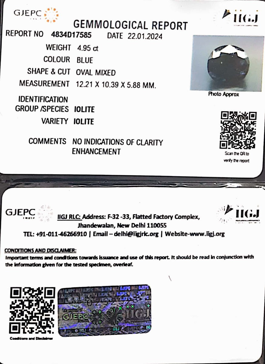 4.95/CT Natural Iolite with Govt Lab Certificate (4834D17585)