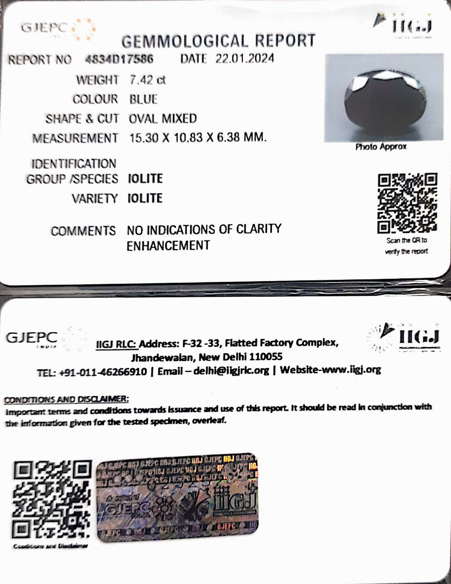 7.42/CT Natural Iolite with Govt Lab Certificate-4834D17586