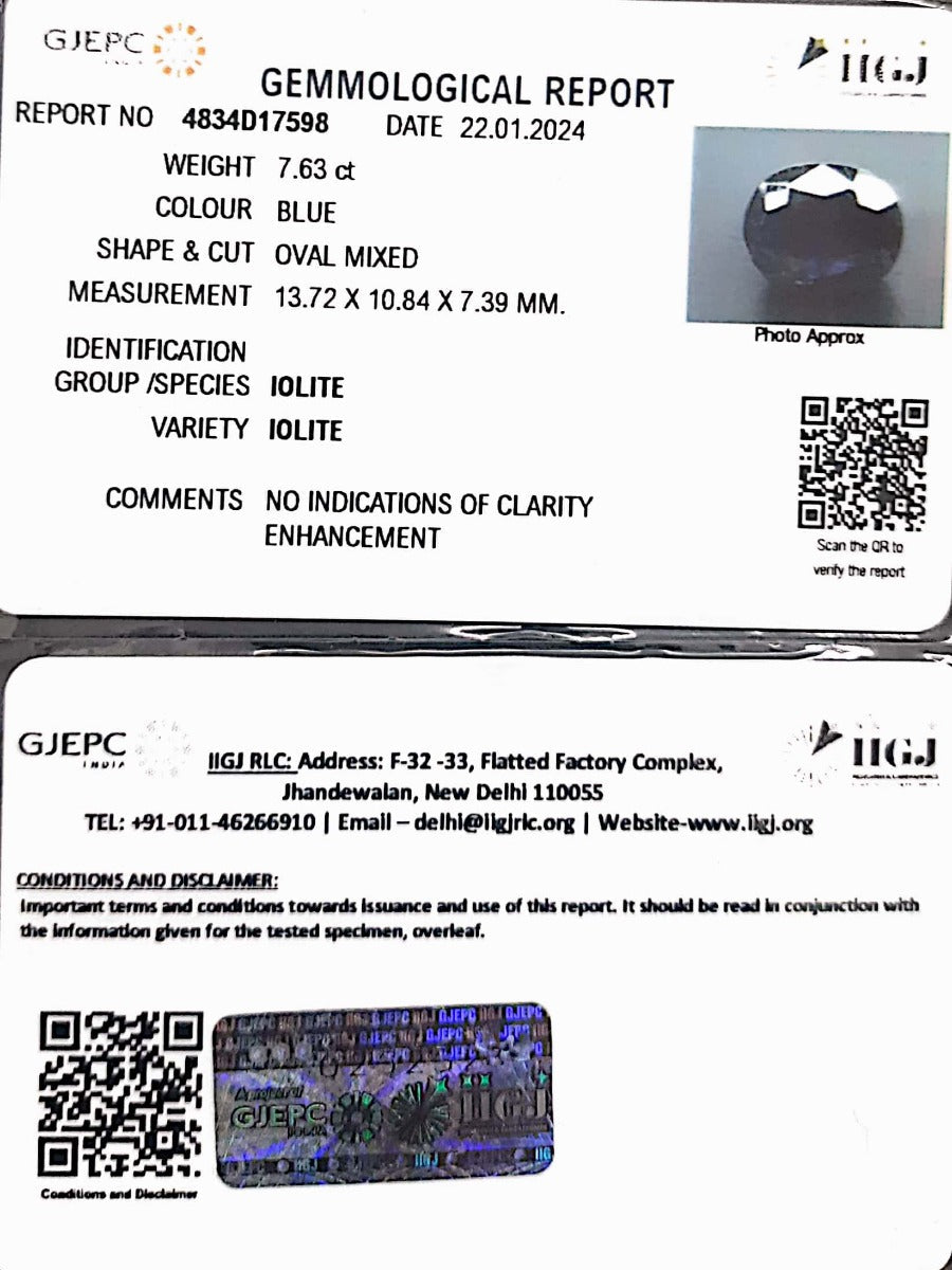 8.47/Ratti Natural Iolite with Govt Lab Certificate