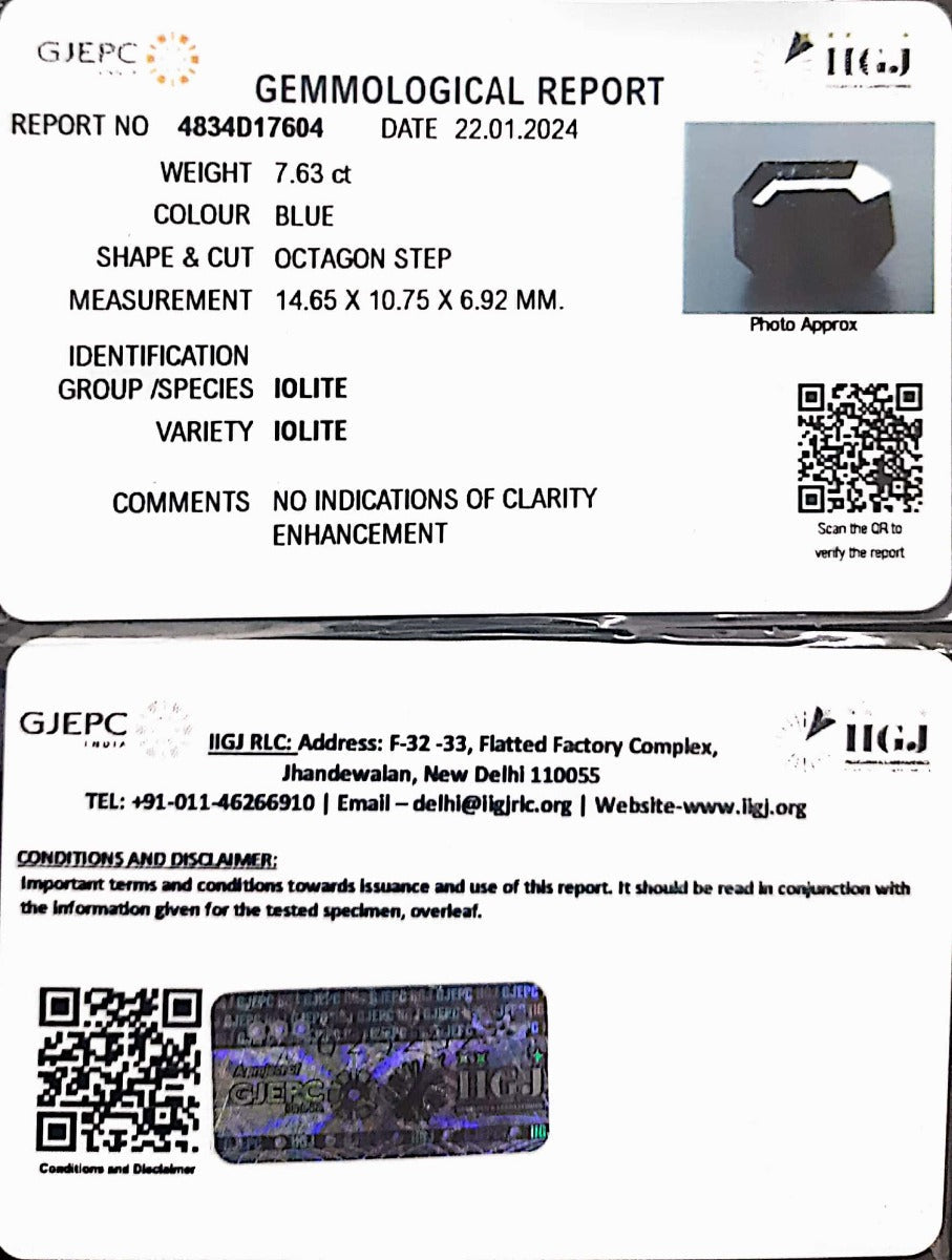 7.63/CT Natural Iolite with Govt Lab Certificate