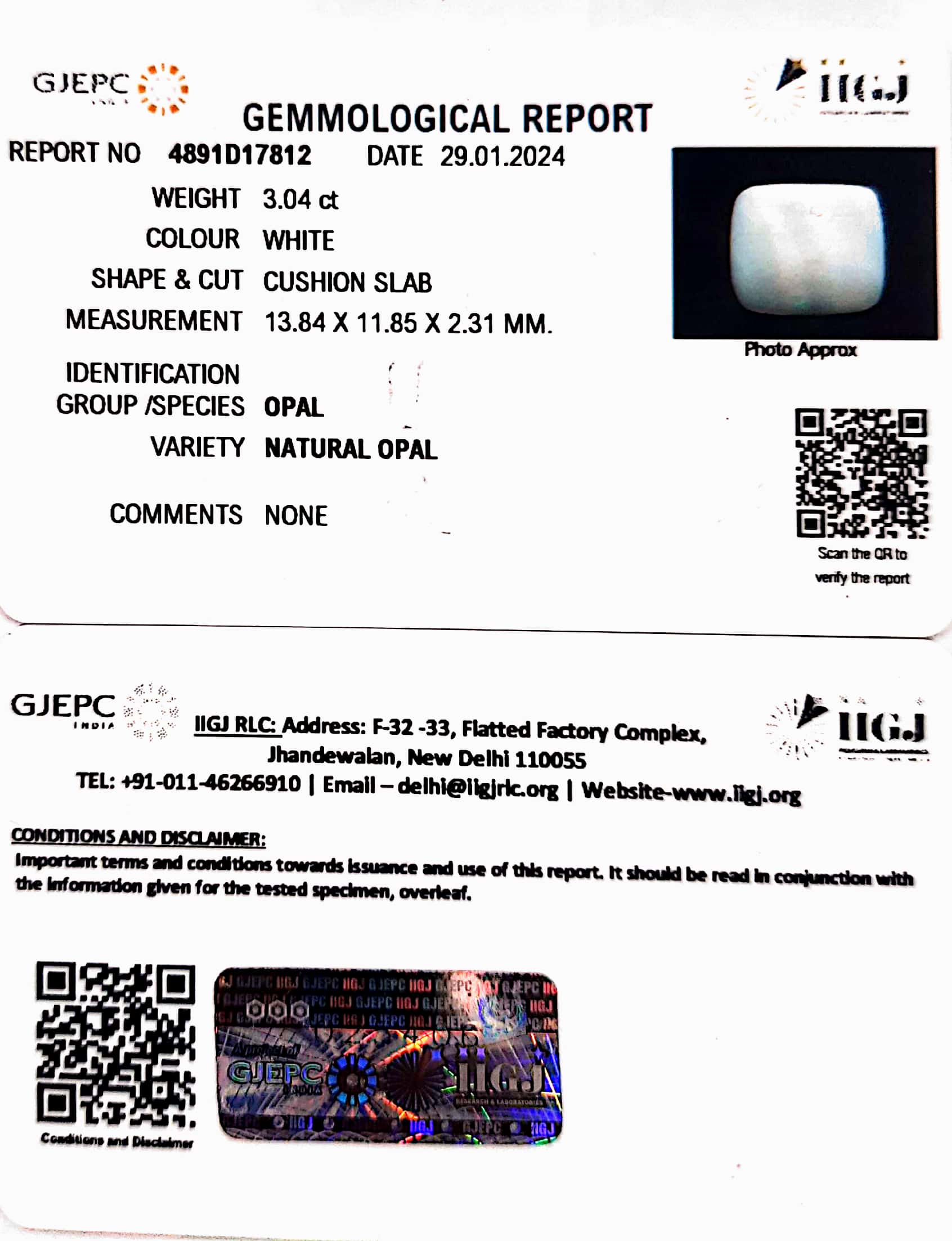 3.04/CT Natural Opal with Govt. Lab Certificate (4551)