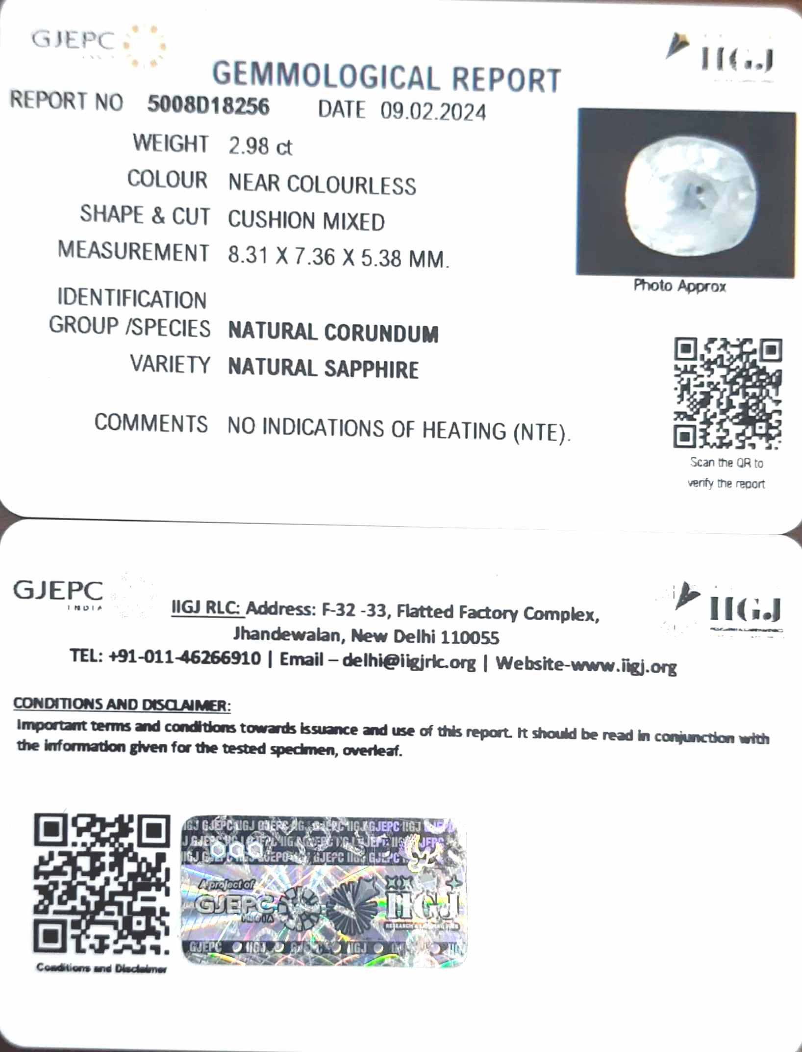 2.98/CT Natural White Sapphire with Govt Lab Certificate-5008D18256