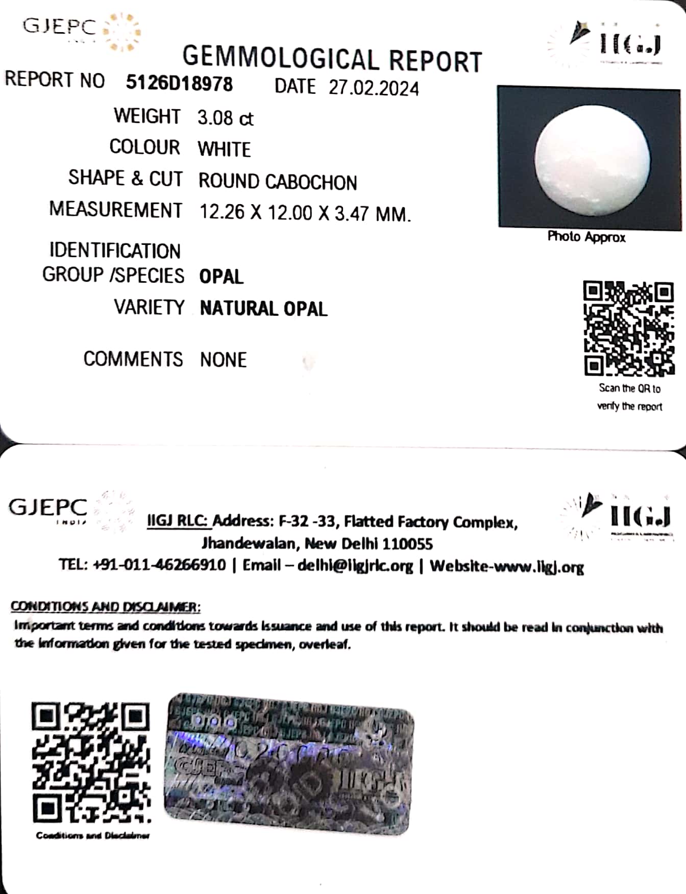 3.08/CT Natural Opal with Govt. Lab Certificate (4551)