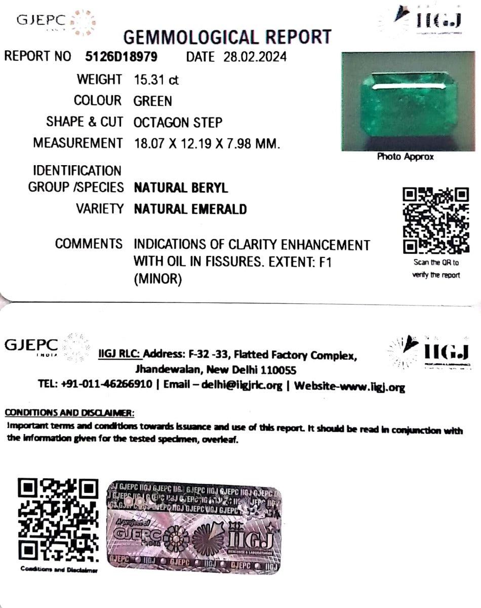 15.31/CT Natural Panna Stone with Govt. Lab Certificate (16650)