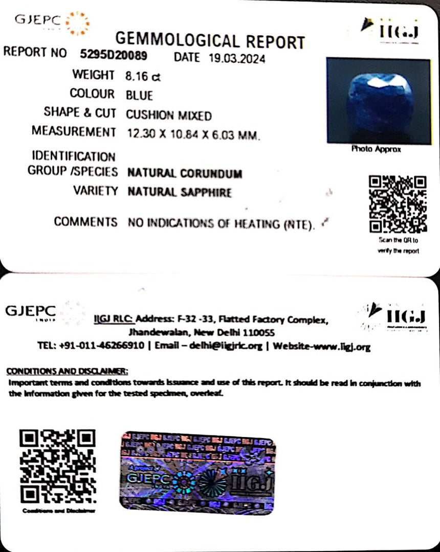 8.16/CT Natural Blue Sapphire with Govt Lab Certificate-6771