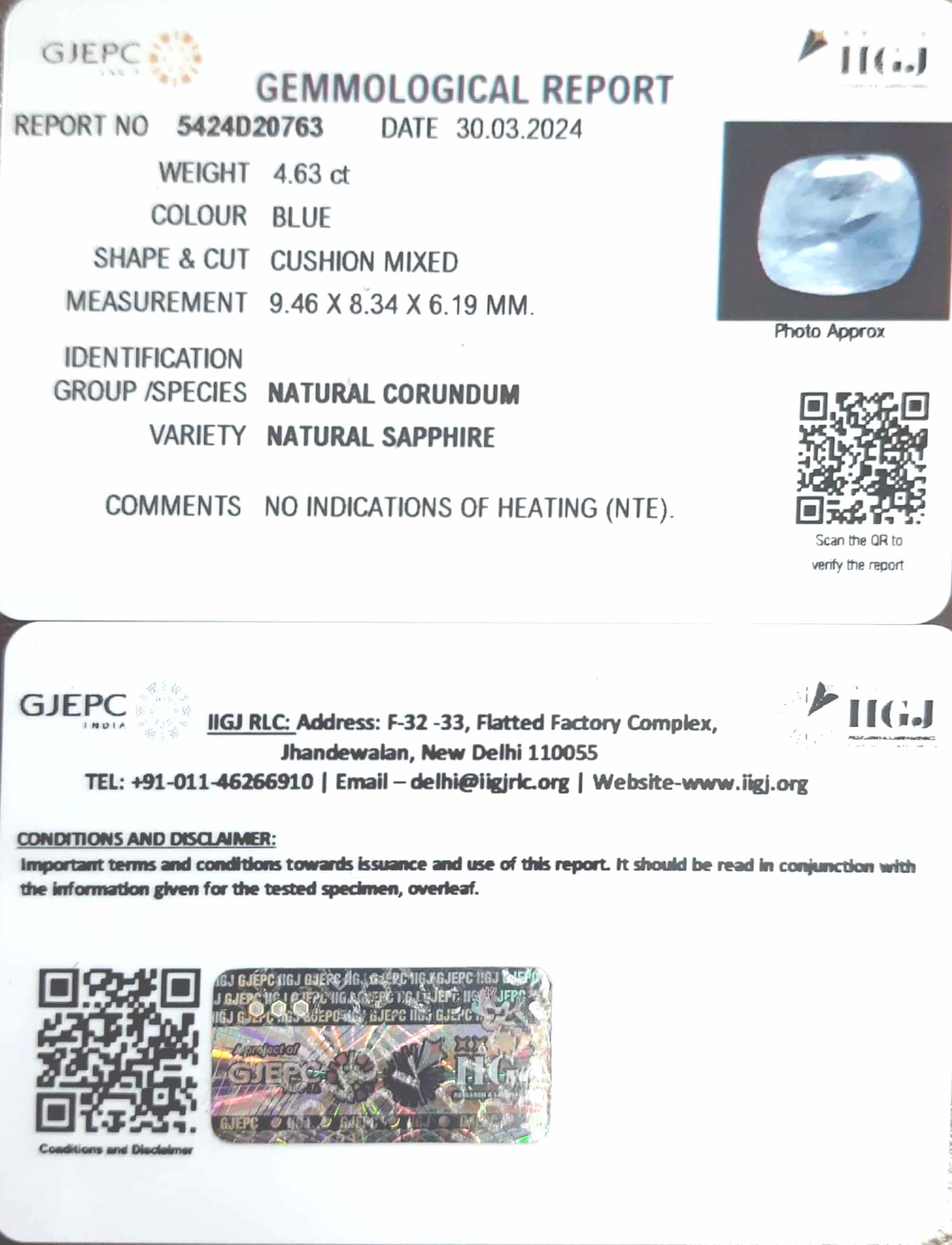 4.63/CT Natural Blue Sapphire With Govt Lab Certificate