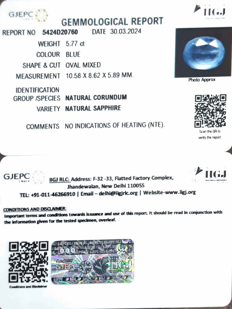 5.77/CT Natural Blue Sapphire with Govt Lab Certificate-23310