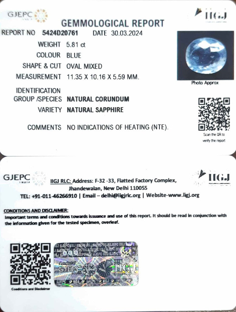 5.81/CT Natural Blue Sapphire with Govt Lab Certificate-34410