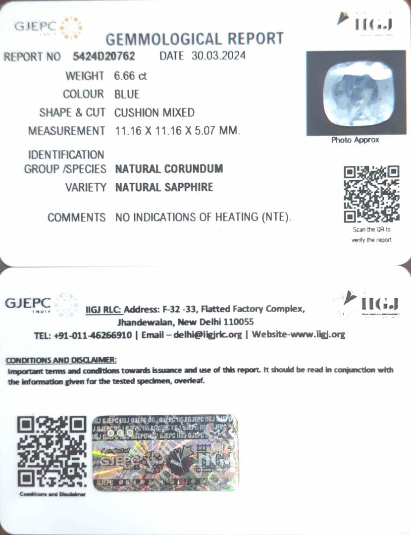 6.66/CT Natural Blue Sapphire with Govt Lab Certificate-23310