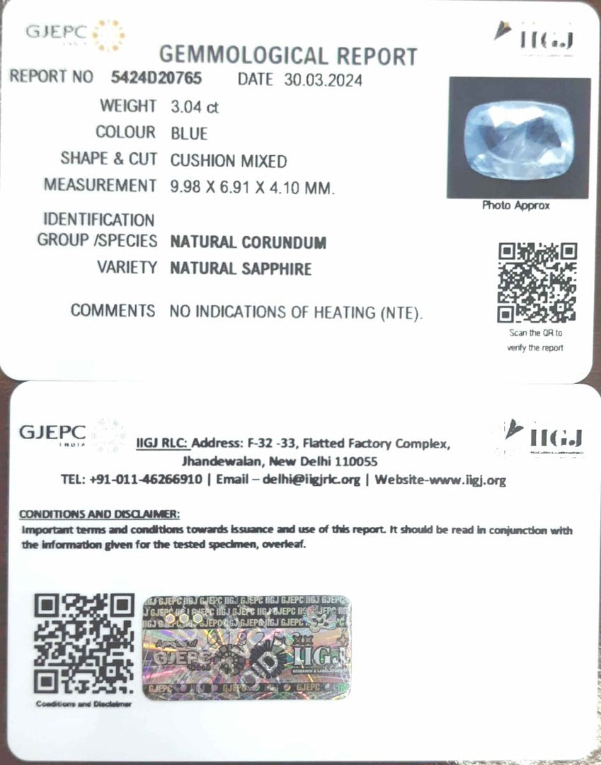 3.04/CT Natural Blue Sapphire with Govt Lab Certificate-23310
