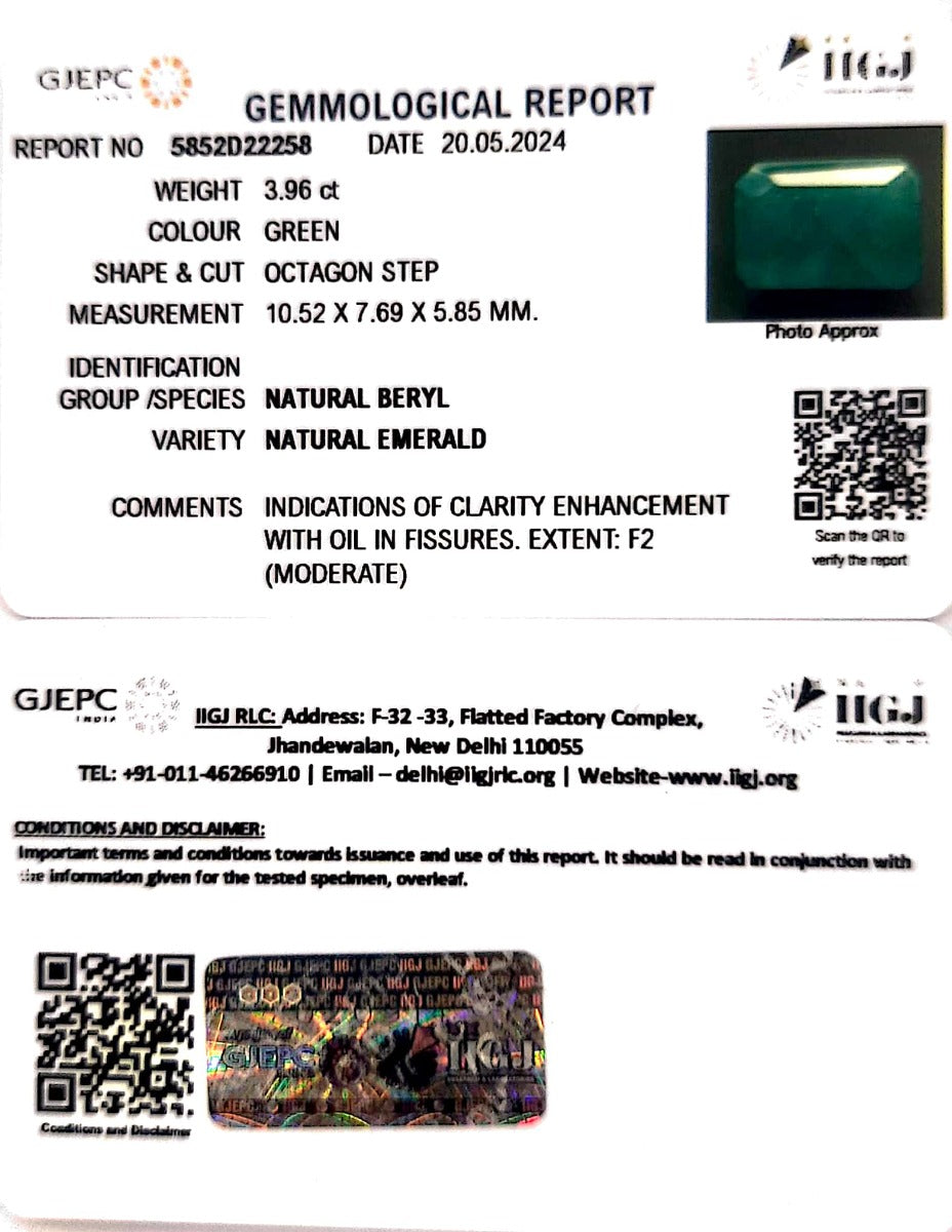 3.96/CT Natural Panna Stone with Govt. Lab Certificate