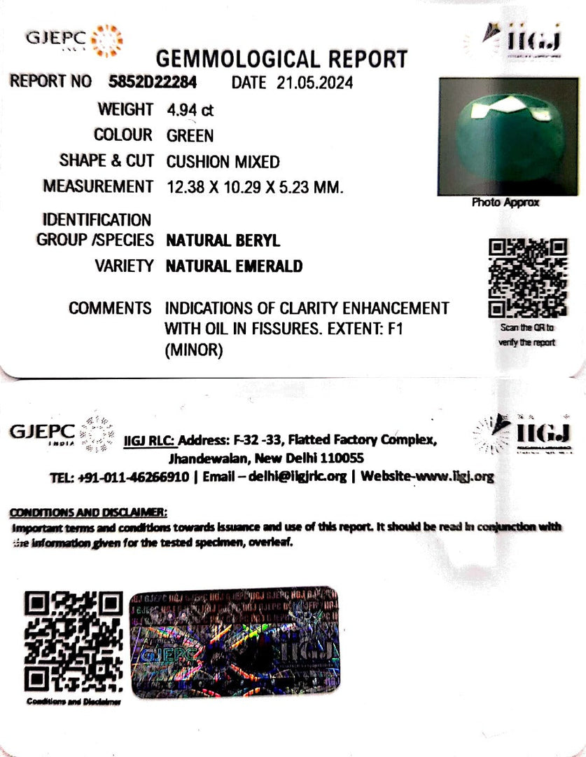 4.94/CT Natural Panna Stone with Govt. Lab Certificate-4551