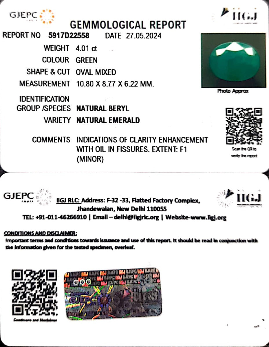 4.01/CT Natural Panna Stone with Govt. Lab Certificate