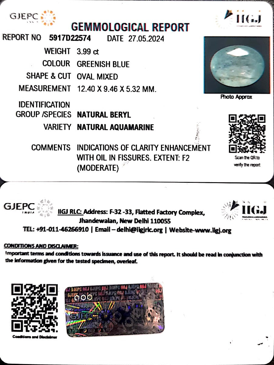 3.99/CT Natural Aquamarine with Govt Lab Certificate-6771