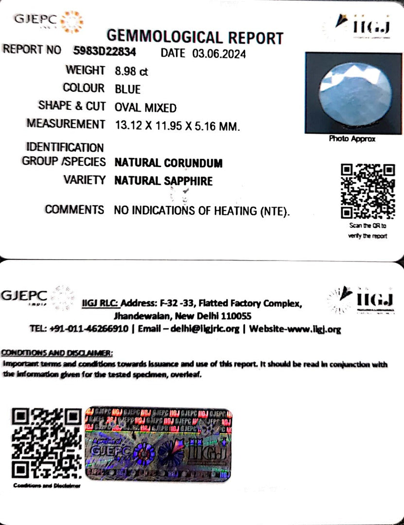 8.98/CT Natural Blue Sapphire with Govt Lab Certificate-4551