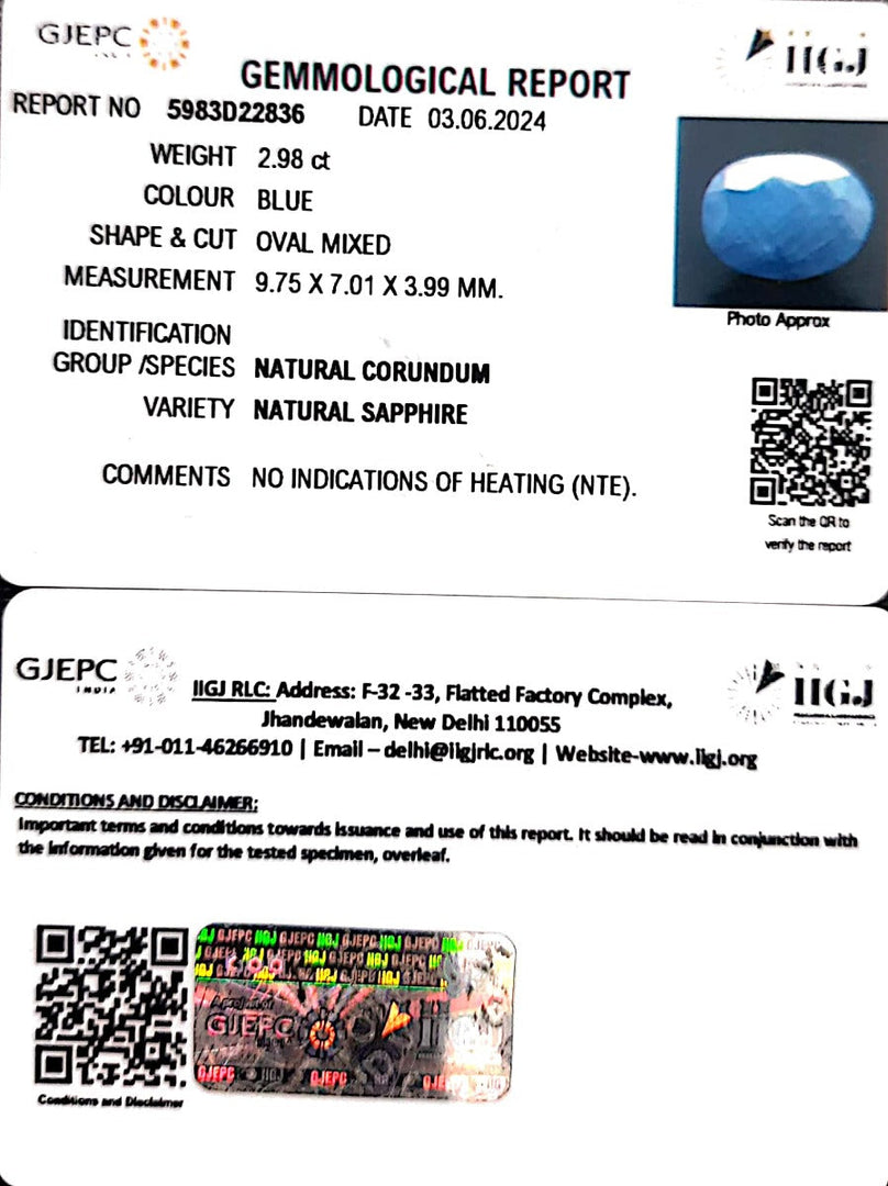2.98/CT Natural Blue Sapphire with Govt Lab Certificate-4551
