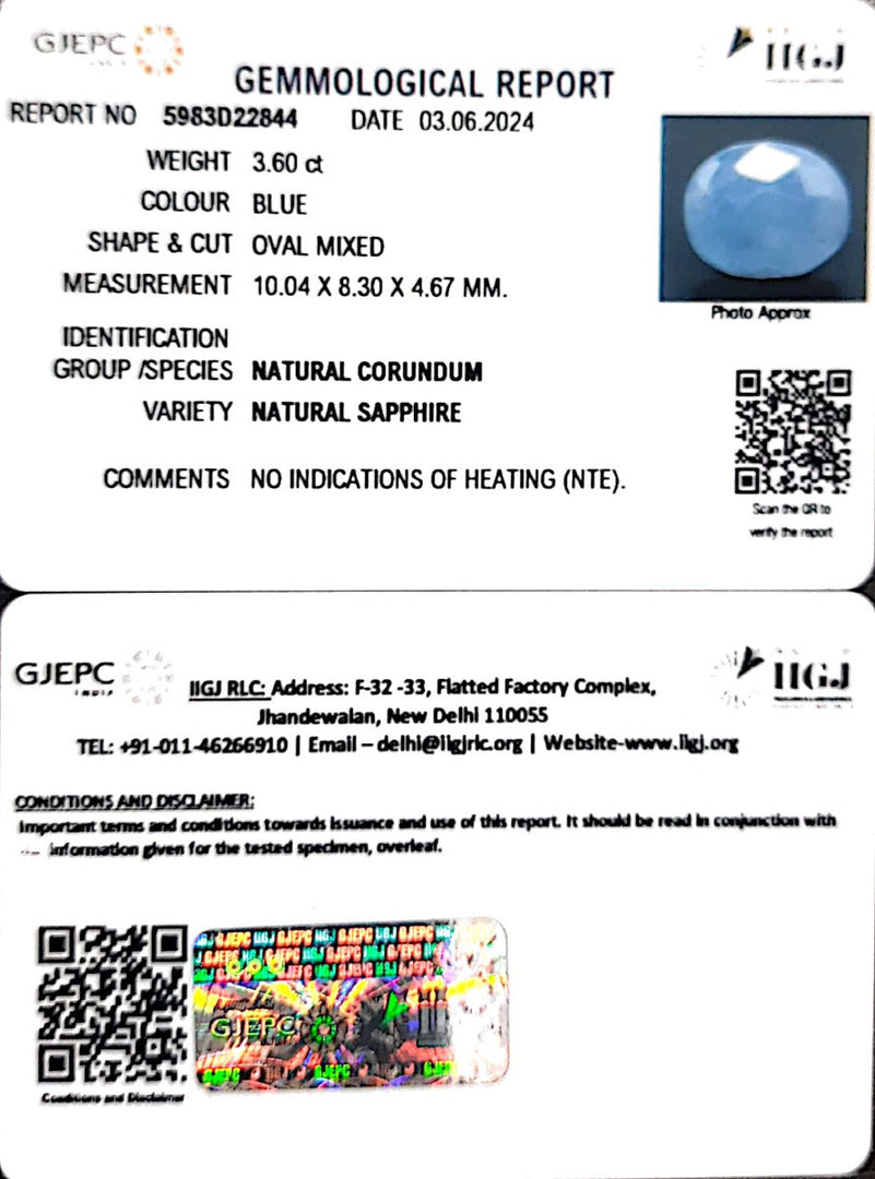 3.60/CT Natural Blue Sapphire with Govt Lab Certificate-4551