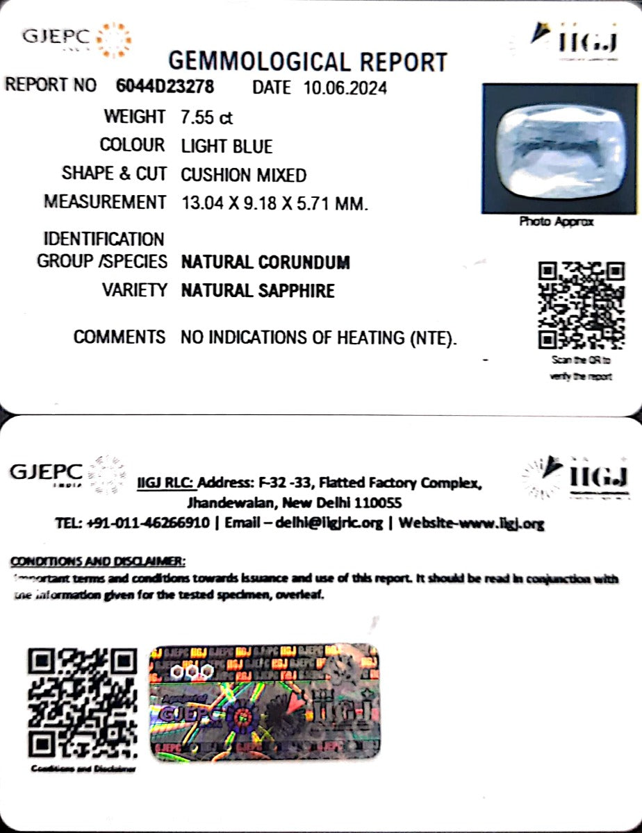 7.55/CT Natural Blue Sapphire with Govt Lab Certificate-34410
