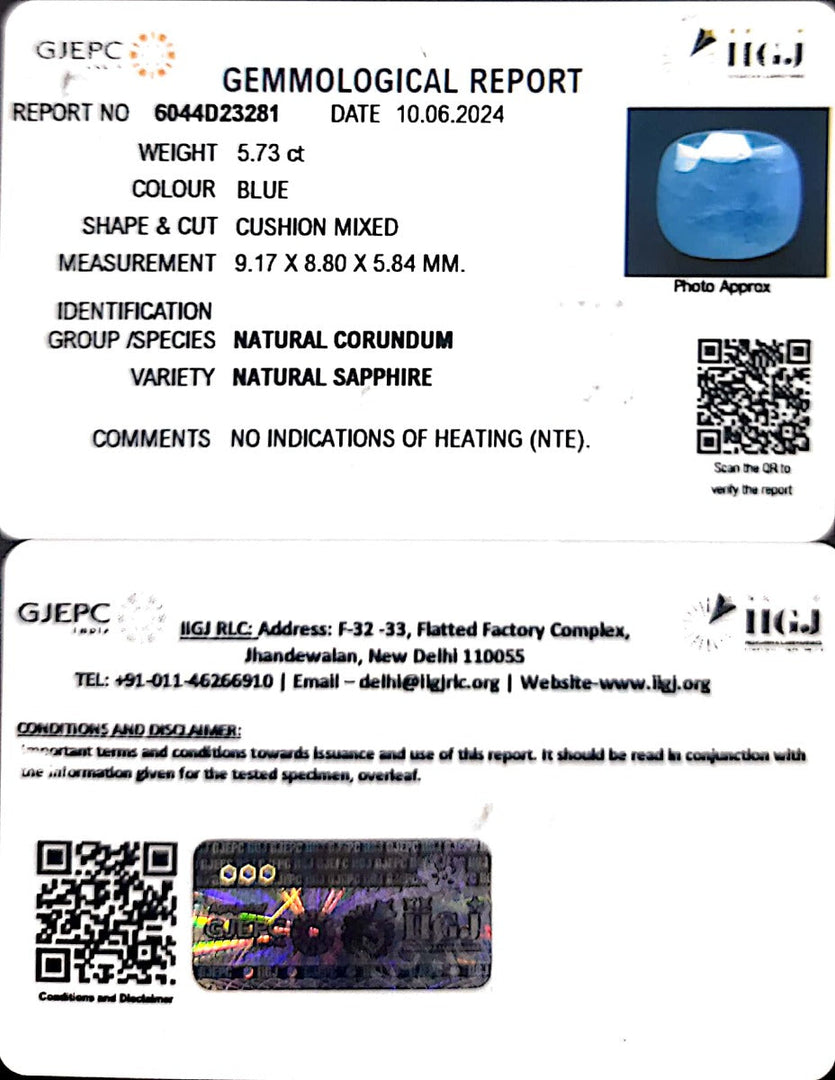 5.73/CT Natural Blue Sapphire with Govt Lab Certificate-4551