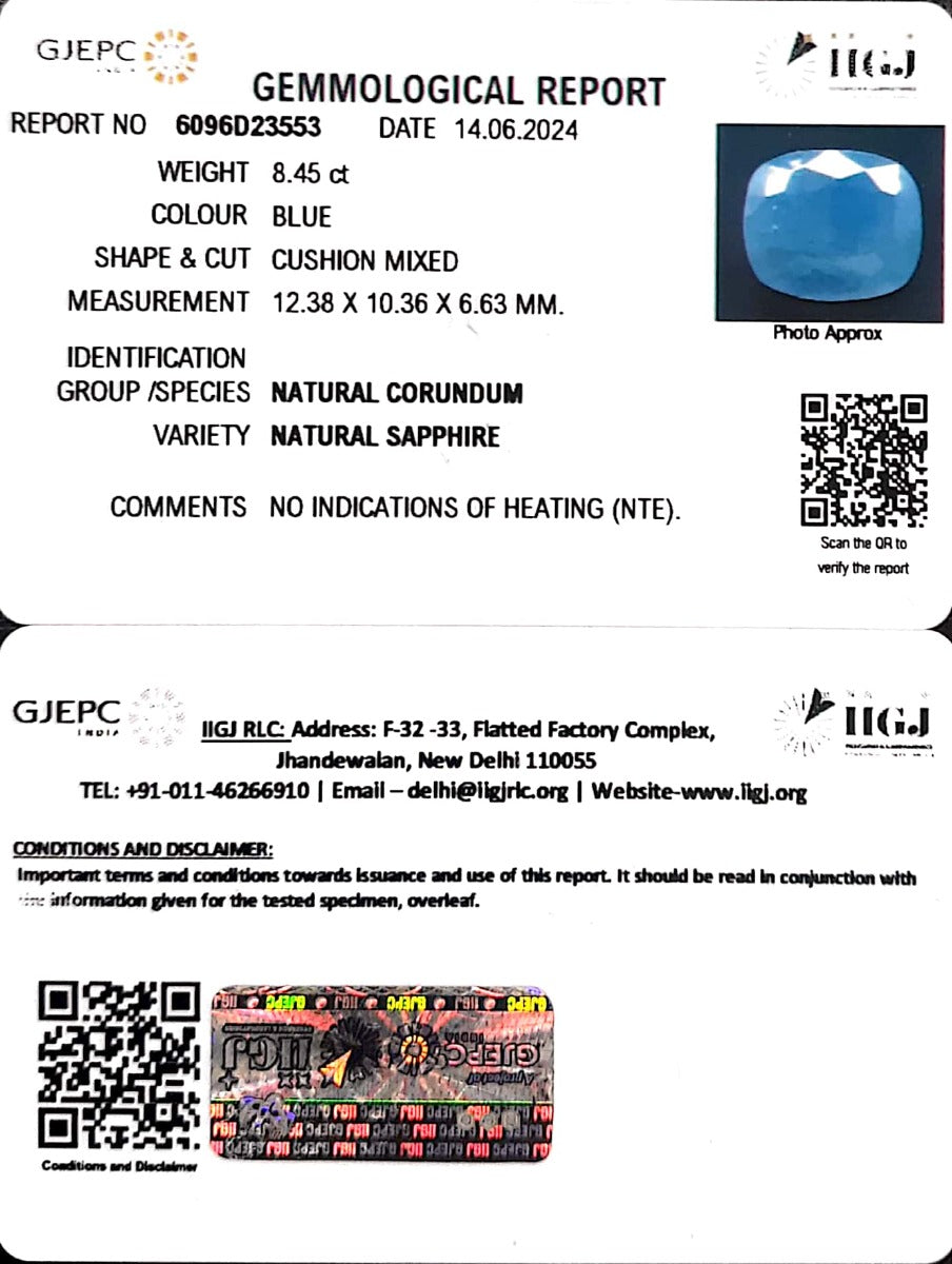 8.45/CT Natural Blue Sapphire with Govt Lab Certificate-4551