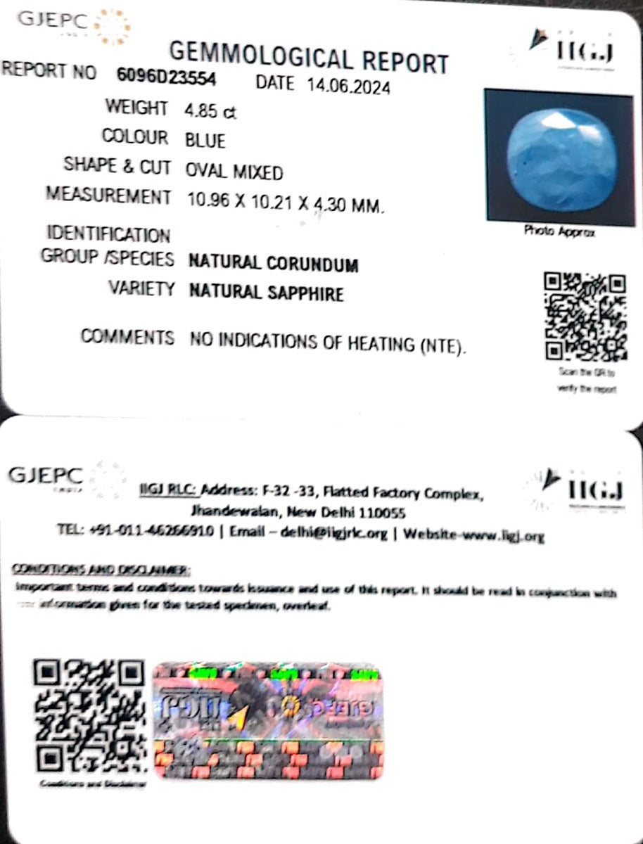 4.85/CT Natural Blue Sapphire with Govt Lab Certificate-4551