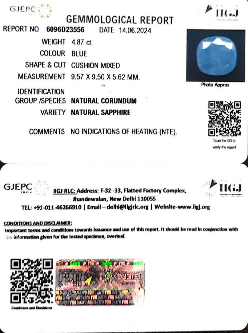 4.87/CT Natural Blue Sapphire with Govt Lab Certificate-4551