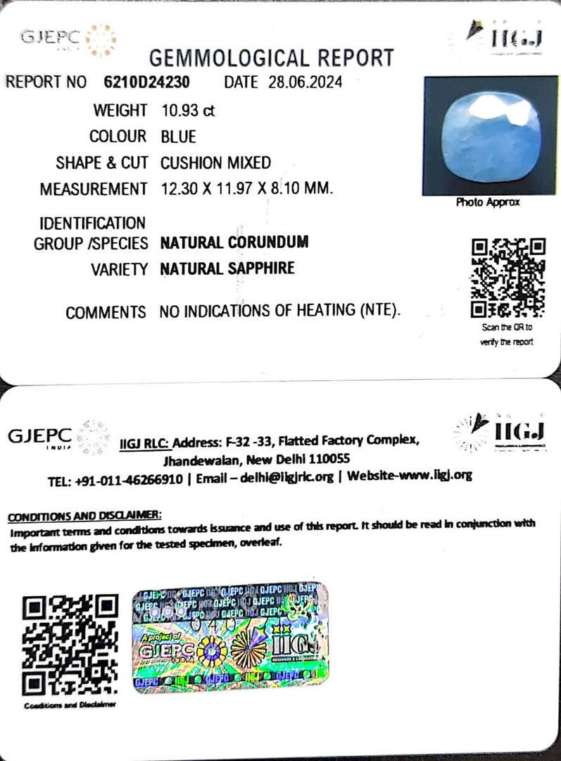 10.93/CT Natural Blue Sapphire with Govt Lab Certificate-4551