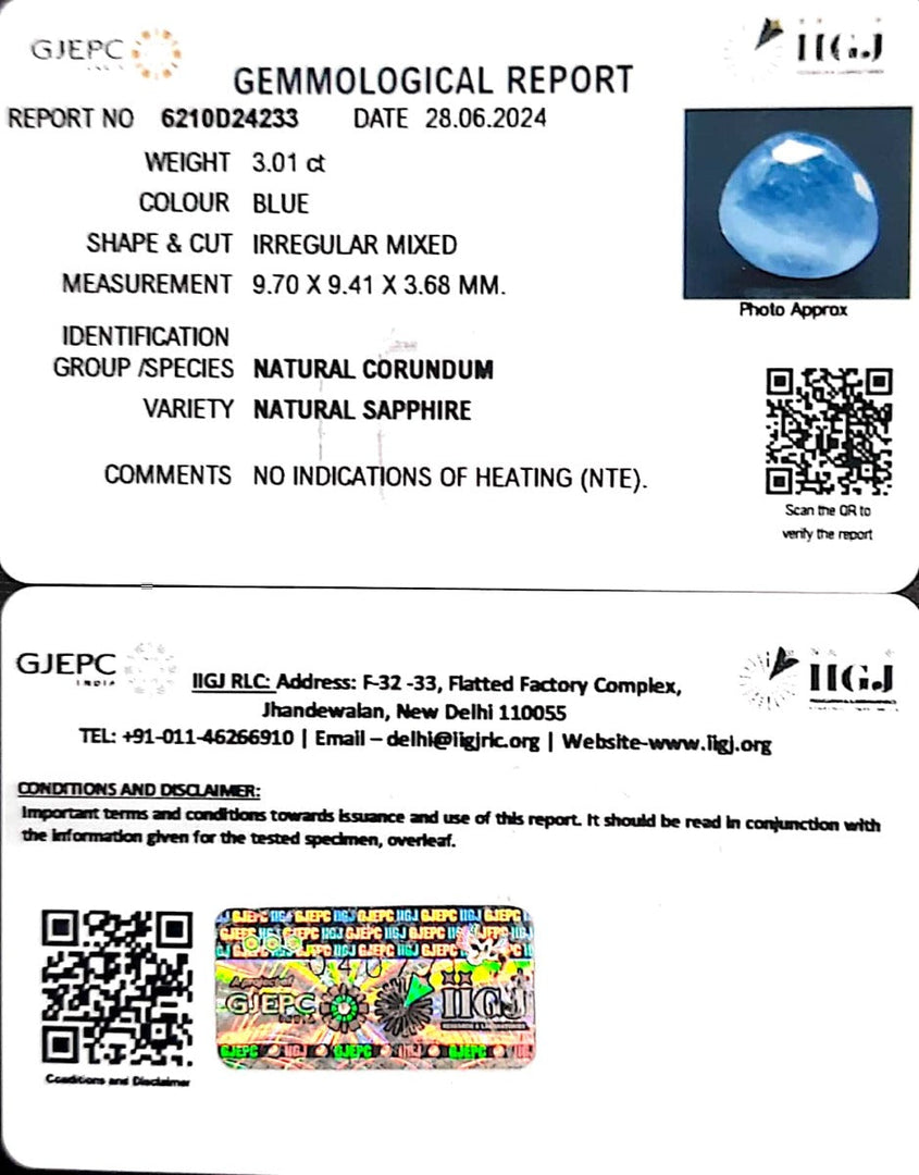 3.01/CT Natural Blue Sapphire with Govt Lab Certificate-8991
