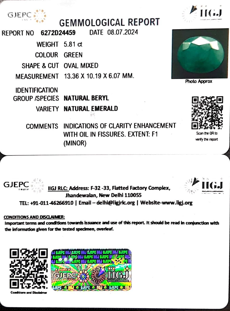 5.81/CT Natural Panna Stone with Govt. Lab Certificate-1665