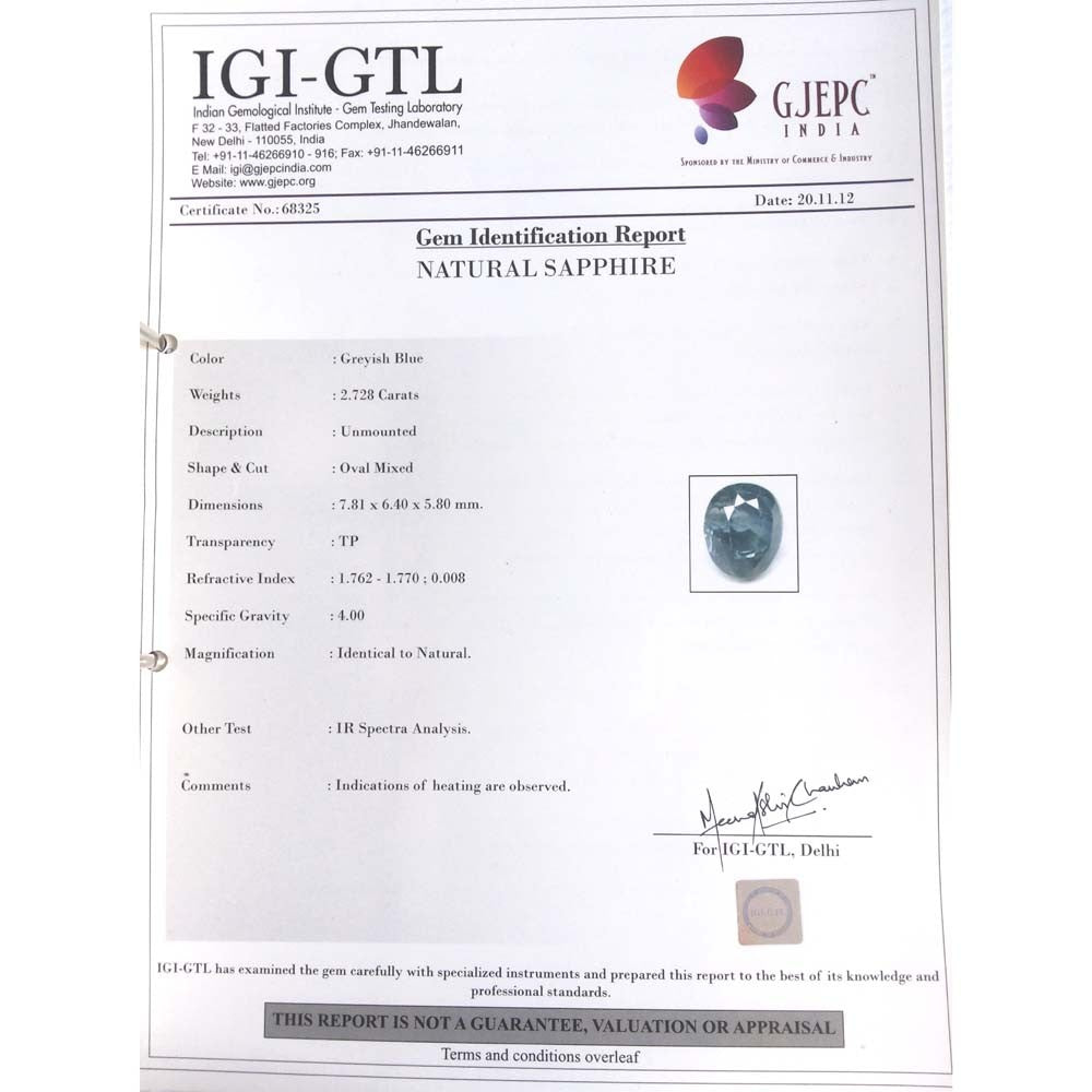 2.728/CT Natural Blue Sapphire with Govt Lab Certificate-BLUSA9S