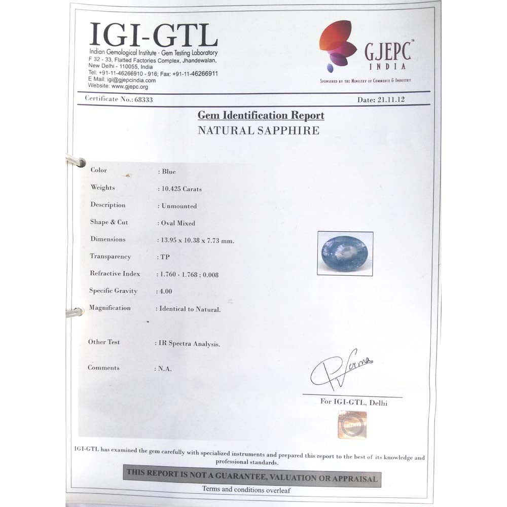 10.42/Carat Natural Blue Sapphire with Govt Lab Certificate (56610)