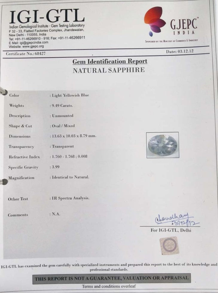 9.49/CT Natural Pitambari Sapphire with Govt Lab Certificate-68427