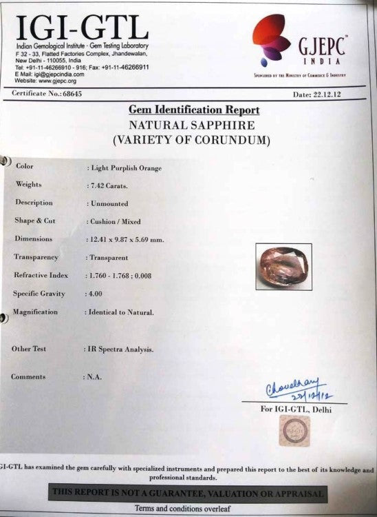 7.42/CT Natural Purple Sapphire with Govt. Lab Certificate-34410