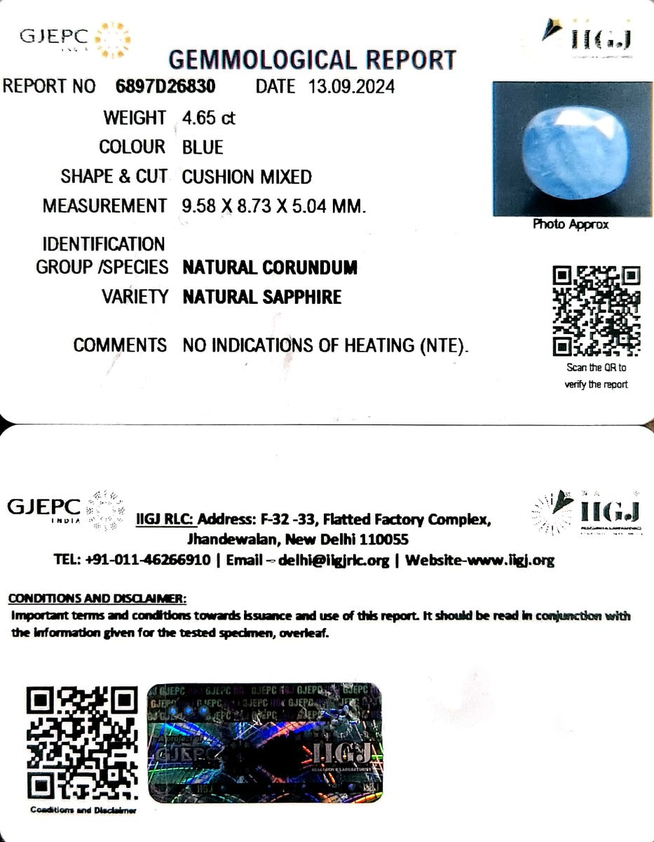 4.65/CT Natural Blue Sapphire with Govt Lab Certificate-4551