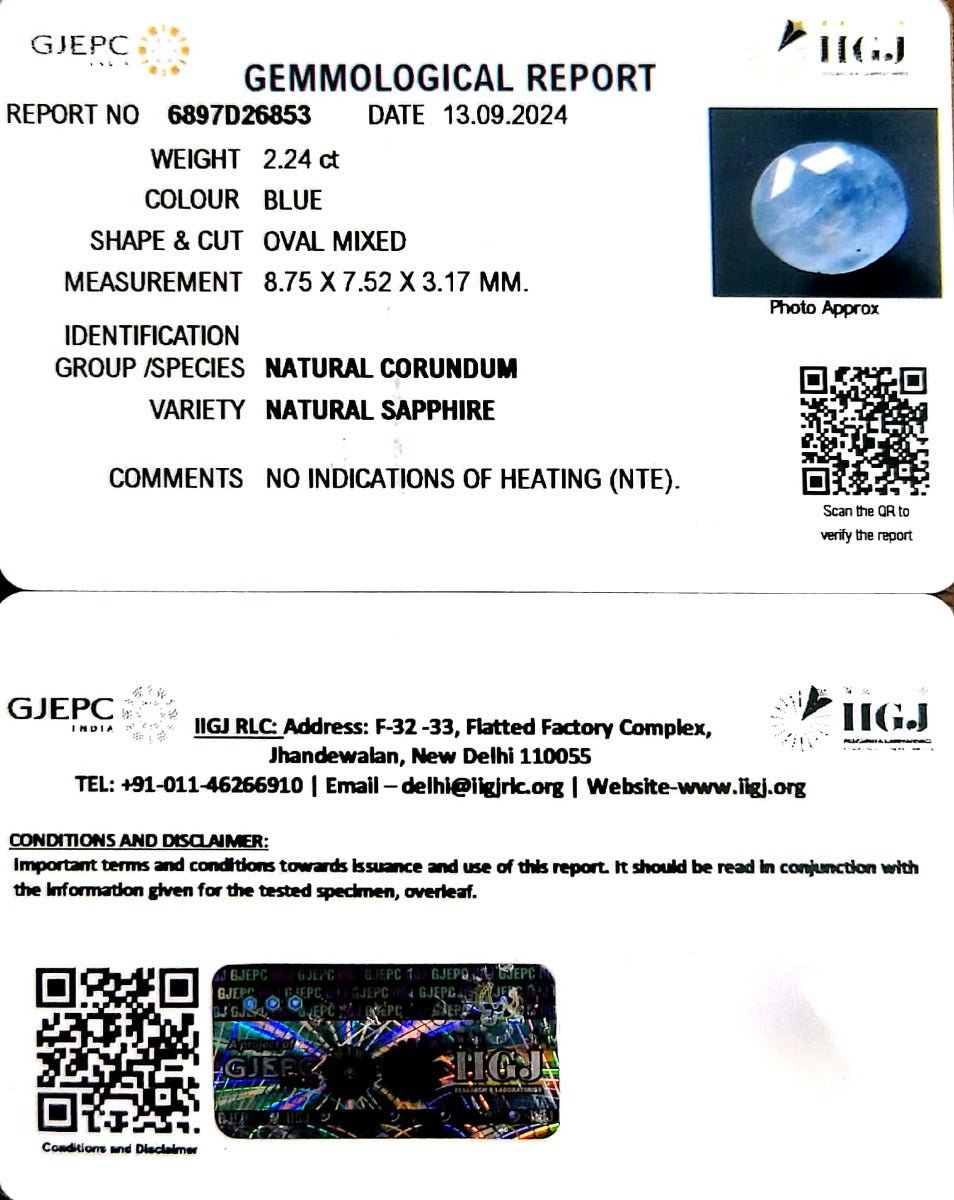 2.24/CT Natural Blue Sapphire with Govt Lab Certificate-6771